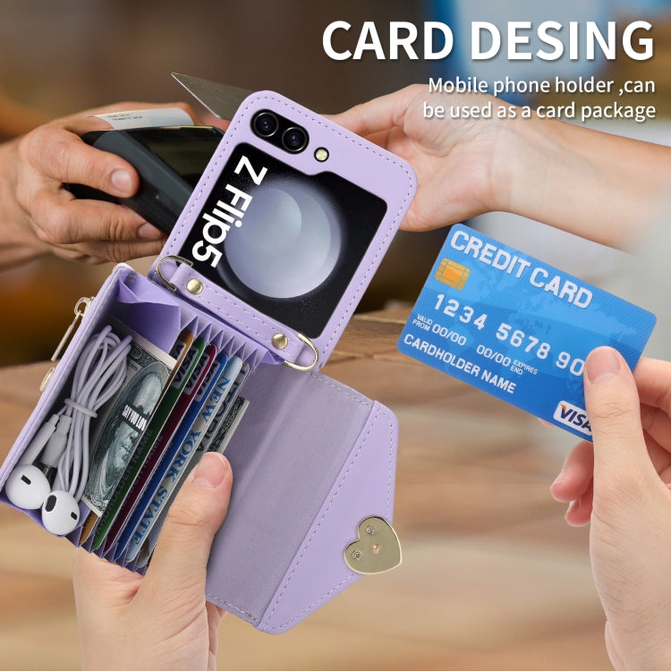For Samsung Galaxy Z Flip5 POLA Love Buckle Multi-Card Slots Zipper Wallet Phone Case(Purple)