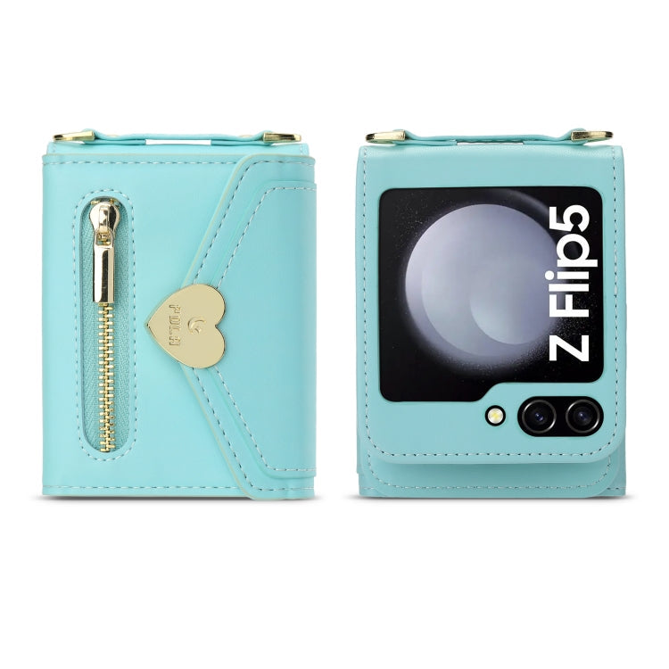 Pour Samsung Galaxy Z Flip5 Étui Portefeuille Zippé Multi-Cartes POLA Love Buckle (Bleu)