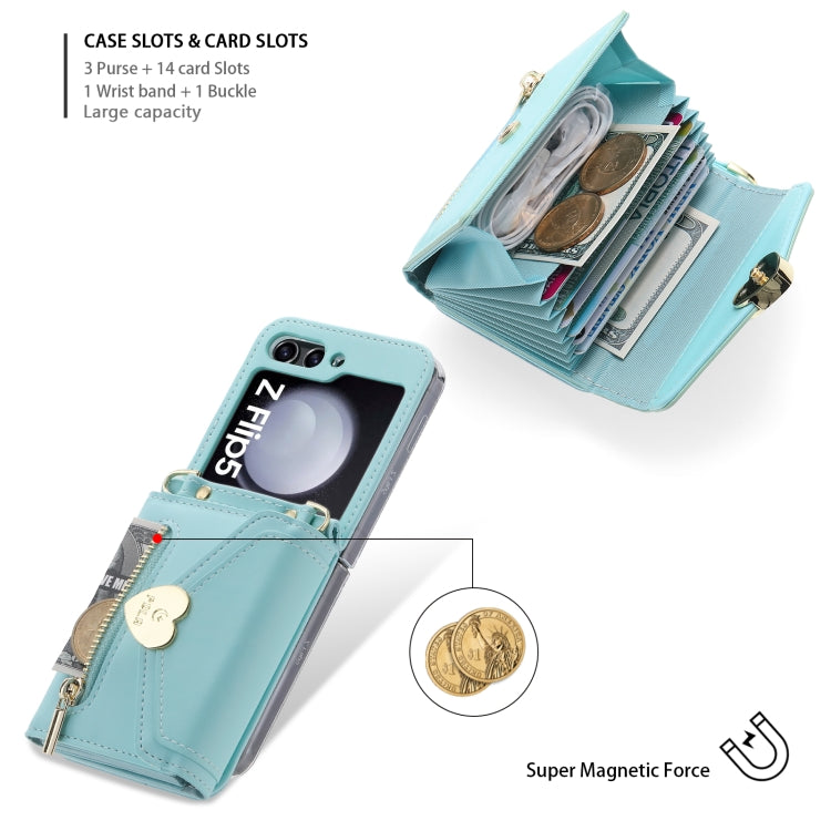 Pour Samsung Galaxy Z Flip5 Étui Portefeuille Zippé Multi-Cartes POLA Love Buckle (Bleu)