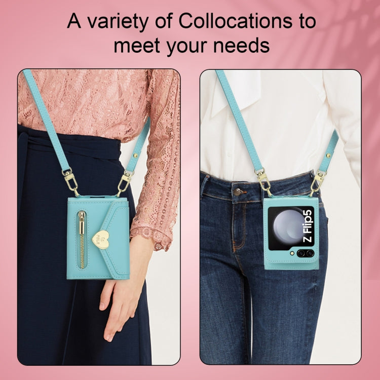 Pour Samsung Galaxy Z Flip5 Étui Portefeuille Zippé Multi-Cartes POLA Love Buckle (Bleu)