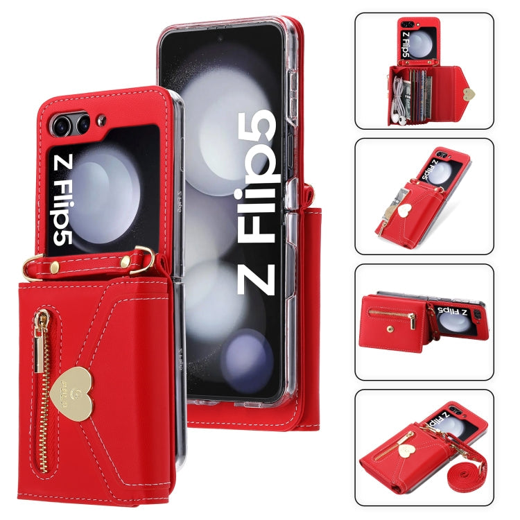 Pour Samsung Galaxy Z Flip5 POLA Étui portefeuille à glissière avec emplacements pour cartes multiples et boucle d'amour (rouge)