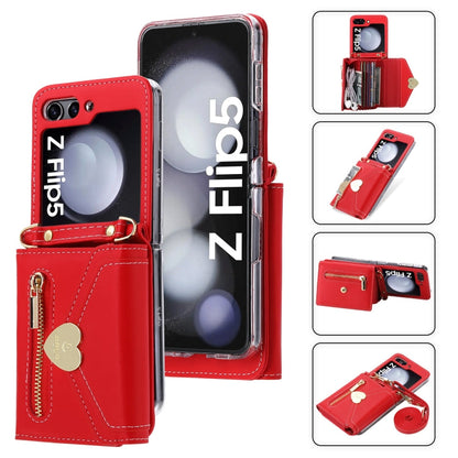 Pour Samsung Galaxy Z Flip5 POLA Étui portefeuille à glissière avec emplacements pour cartes multiples et boucle d'amour (rouge)