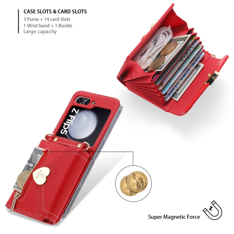 Pour Samsung Galaxy Z Flip5 POLA Étui portefeuille à glissière avec emplacements pour cartes multiples et boucle d'amour (rouge)