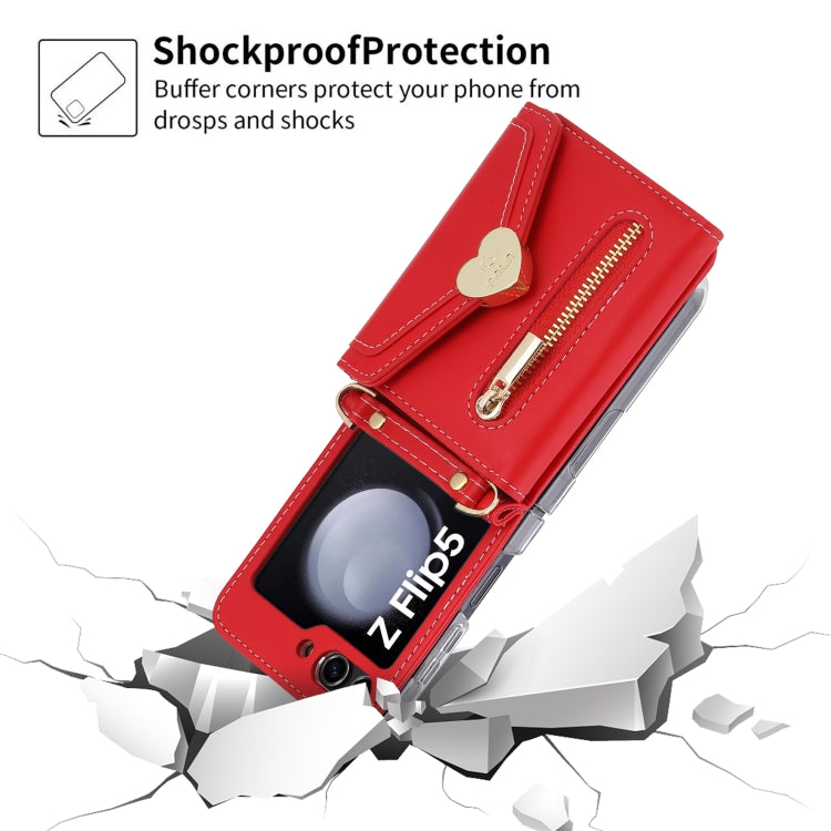 Pour Samsung Galaxy Z Flip5 POLA Étui portefeuille à glissière avec emplacements pour cartes multiples et boucle d'amour (rouge)
