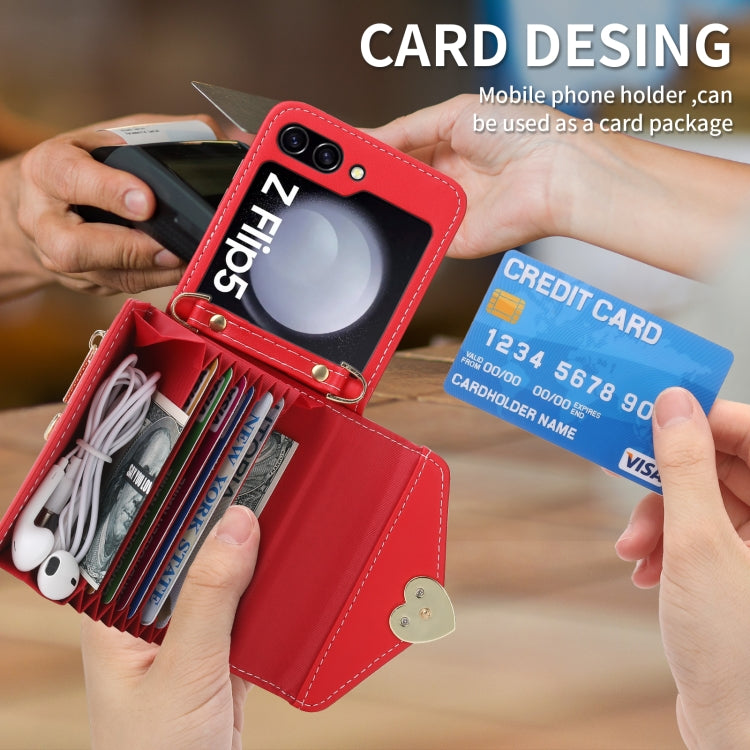 Pour Samsung Galaxy Z Flip5 POLA Étui portefeuille à glissière avec emplacements pour cartes multiples et boucle d'amour (rouge)