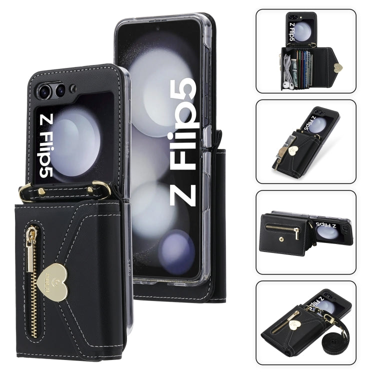 For Samsung Galaxy Z Flip5 POLA Love Buckle Multi-Card Slots Zipper Wallet Phone Case(Black)