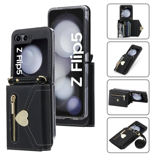 For Samsung Galaxy Z Flip5 POLA Love Buckle Multi-Card Slots Zipper Wallet Phone Case(Black)