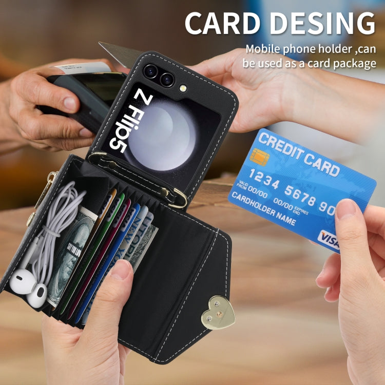 For Samsung Galaxy Z Flip5 POLA Love Buckle Multi-Card Slots Zipper Wallet Phone Case(Black)