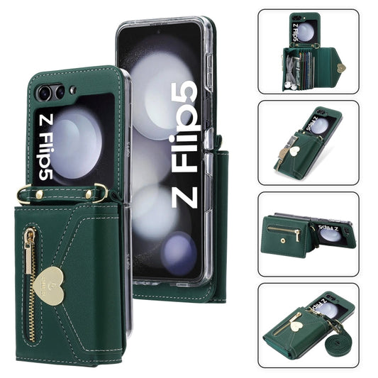 Pour Samsung Galaxy Z Flip5 POLA Love Boucle Multi-fentes pour cartes Étui portefeuille à fermeture éclair (vert)