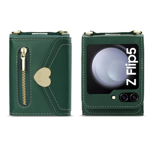 Pour Samsung Galaxy Z Flip5 POLA Love Boucle Multi-fentes pour cartes Étui portefeuille à fermeture éclair (vert)