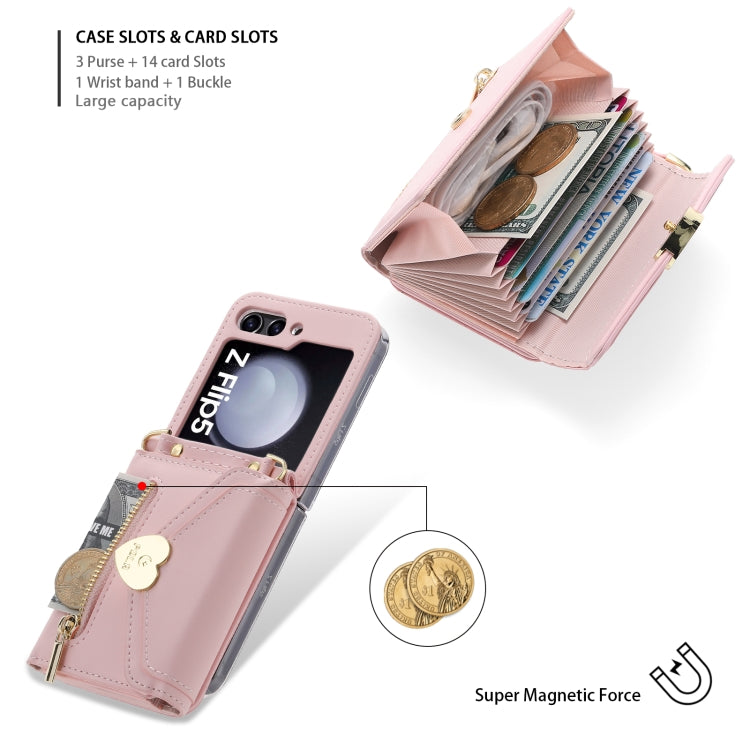 For Samsung Galaxy Z Flip5 POLA Love Buckle Multi-Card Slots Zipper Wallet Phone Case(Pink)