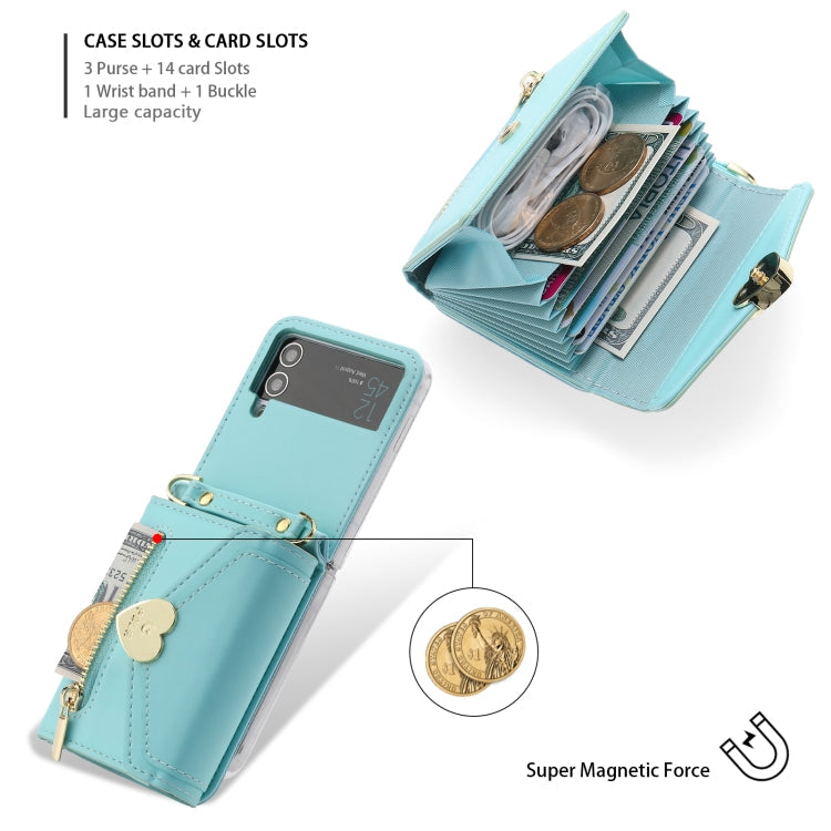 Pour Samsung Galaxy Z Flip4 Étui portefeuille à glissière avec boucle d'amour POLA et plusieurs fentes pour cartes (bleu)