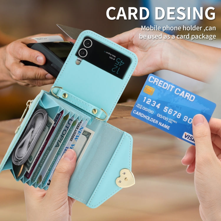 Pour Samsung Galaxy Z Flip4 Étui portefeuille à glissière avec boucle d'amour POLA et plusieurs fentes pour cartes (bleu)