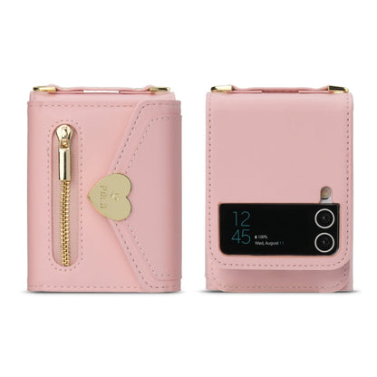 Pour étui de téléphone portefeuille à fermeture éclair multi-cartes avec boucle d'amour POLA Samsung Galaxy Z Flip4 (rose)