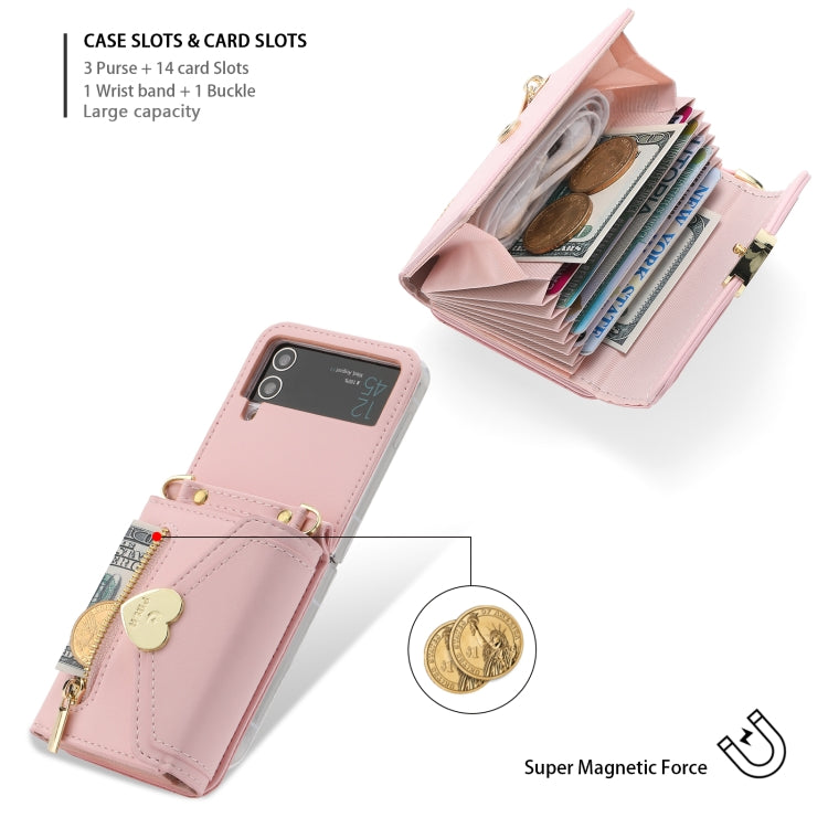Pour étui de téléphone portefeuille à fermeture éclair multi-cartes avec boucle d'amour POLA Samsung Galaxy Z Flip4 (rose)