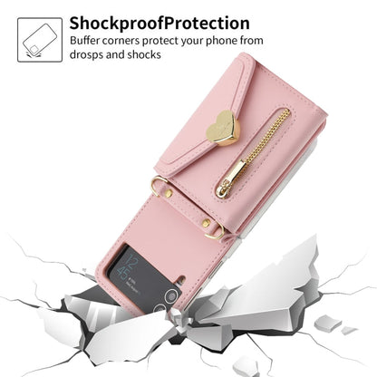 Pour étui de téléphone portefeuille à fermeture éclair multi-cartes avec boucle d'amour POLA Samsung Galaxy Z Flip4 (rose)