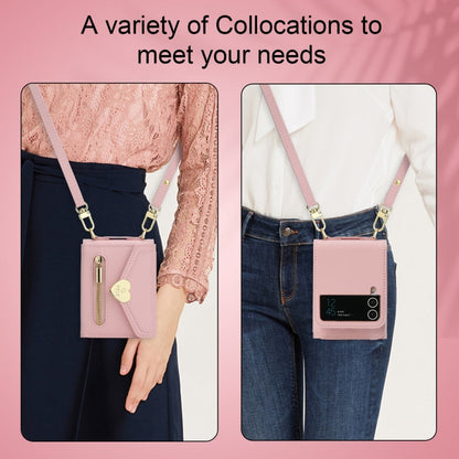 Pour étui de téléphone portefeuille à fermeture éclair multi-cartes avec boucle d'amour POLA Samsung Galaxy Z Flip4 (rose)