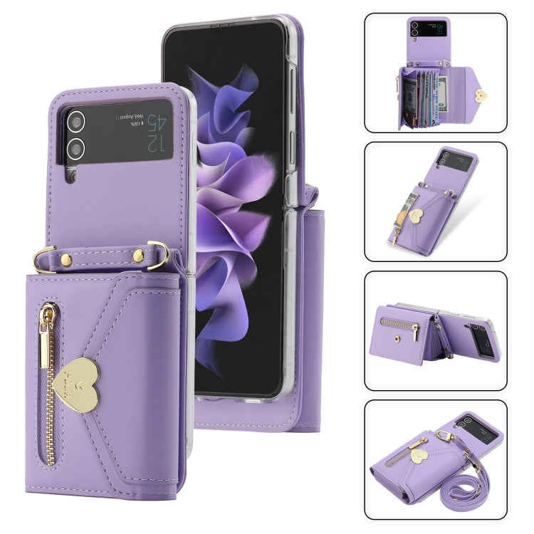 Pour Samsung Galaxy Z Flip3 5G POLA Étui portefeuille à fermeture éclair avec plusieurs emplacements pour cartes et boucle d'amour (violet)