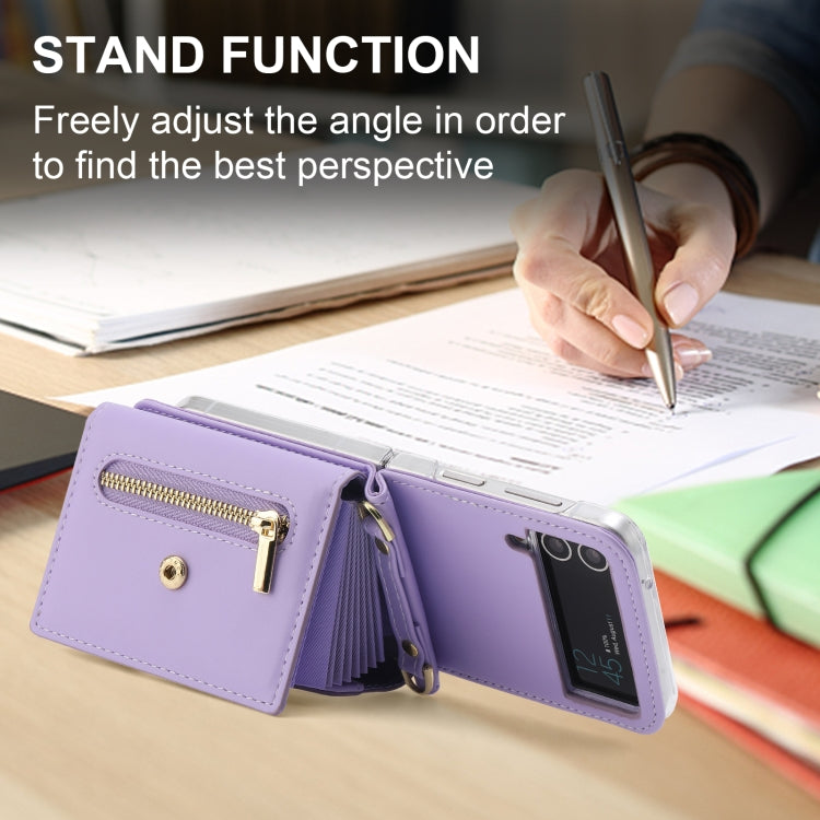 Pour Samsung Galaxy Z Flip3 5G POLA Étui portefeuille à fermeture éclair avec plusieurs emplacements pour cartes et boucle d'amour (violet)