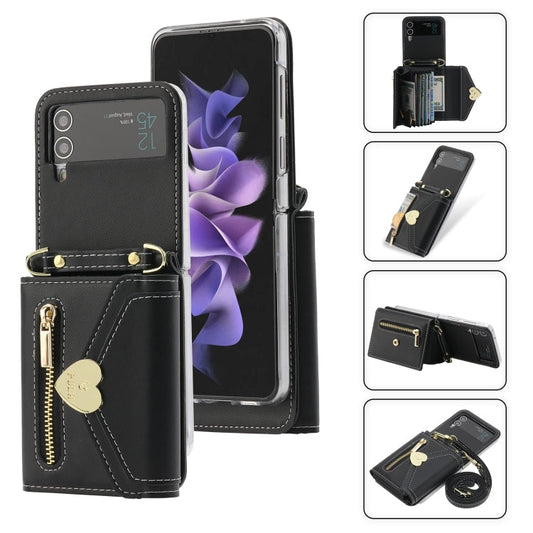 For Samsung Galaxy Z Flip3 5G POLA Love Buckle Multi-Card Slots Zipper Wallet Phone Case(Black)