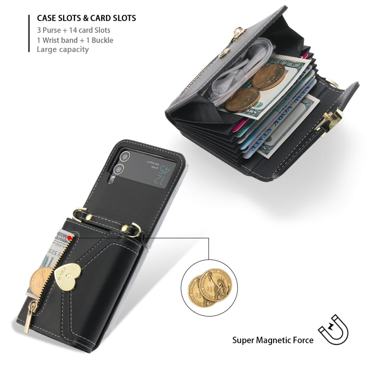 For Samsung Galaxy Z Flip3 5G POLA Love Buckle Multi-Card Slots Zipper Wallet Phone Case(Black)