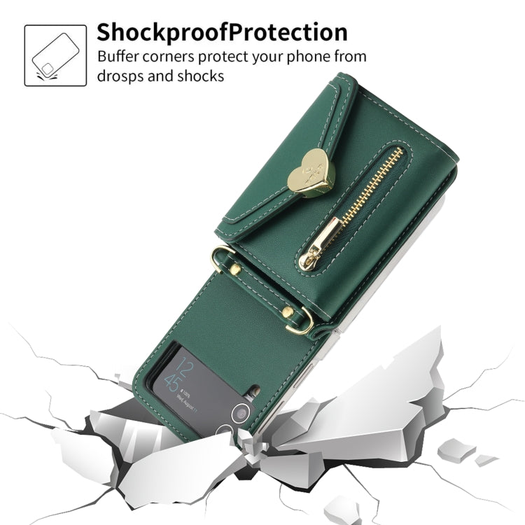 Pour Samsung Galaxy Z Flip3 5G POLA Love Buckle Étui Portefeuille Zippé Multi-Cartes (Vert)