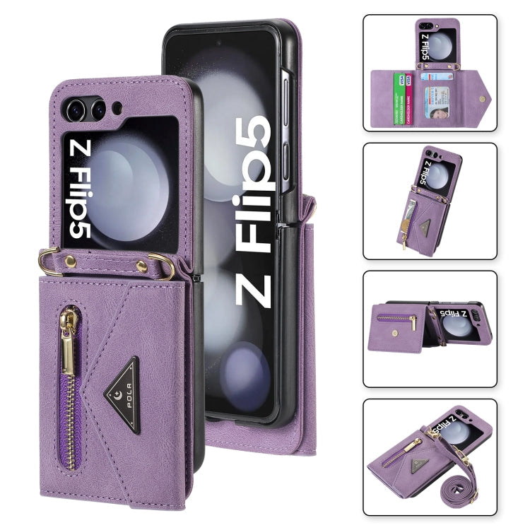 Pour Samsung Galaxy Z Flip5, étui portefeuille avec fermeture éclair et fentes multiples pour cartes, toucher peau de Pola (Violet)