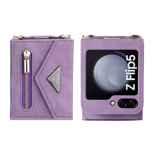 For Samsung Galaxy Z Flip5 POLA Skin Feel Multi-Card Slots Zipper Wallet Phone Case(Purple)