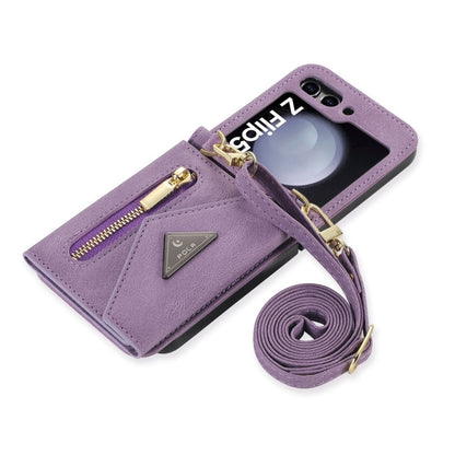 Pour Samsung Galaxy Z Flip5, étui portefeuille avec fermeture éclair et fentes multiples pour cartes, toucher peau de Pola (Violet)