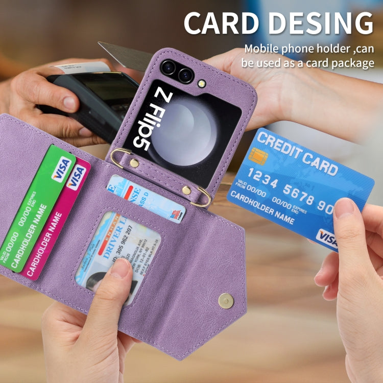 Pour Samsung Galaxy Z Flip5, étui portefeuille avec fermeture éclair et fentes multiples pour cartes, toucher peau de Pola (Violet)