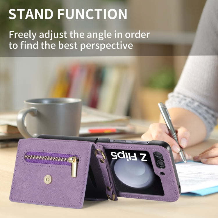 Pour Samsung Galaxy Z Flip5, étui portefeuille avec fermeture éclair et fentes multiples pour cartes, toucher peau de Pola (Violet)