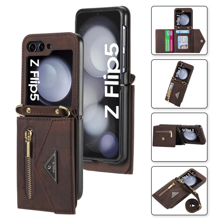 Pour Samsung Galaxy Z Flip5, étui portefeuille avec fermeture éclair et fentes multiples pour cartes, toucher peau (marron)