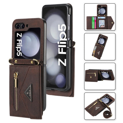 Pour Samsung Galaxy Z Flip5, étui portefeuille avec fermeture éclair et fentes multiples pour cartes, toucher peau (marron)