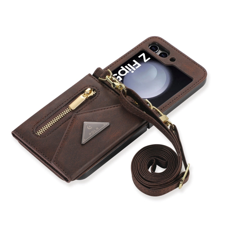 Pour Samsung Galaxy Z Flip5, étui portefeuille avec fermeture éclair et fentes multiples pour cartes, toucher peau (marron)