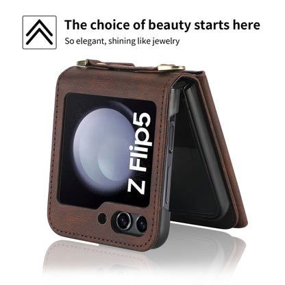 Pour Samsung Galaxy Z Flip5, étui portefeuille avec fermeture éclair et fentes multiples pour cartes, toucher peau (marron)