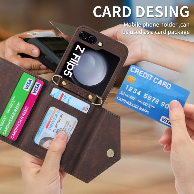 Pour Samsung Galaxy Z Flip5, étui portefeuille avec fermeture éclair et fentes multiples pour cartes, toucher peau (marron)