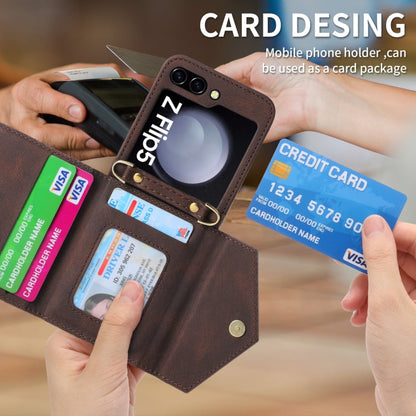 Pour Samsung Galaxy Z Flip5, étui portefeuille avec fermeture éclair et fentes multiples pour cartes, toucher peau (marron)
