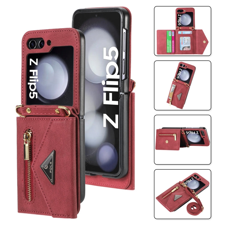 Pour Samsung Galaxy Z Flip5, étui portefeuille avec fermeture éclair et fentes pour cartes multiples, toucher agréable (rouge)