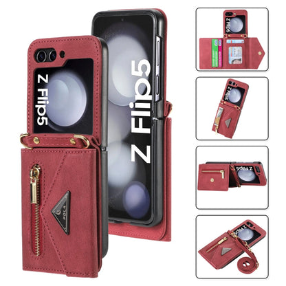 Pour Samsung Galaxy Z Flip5, étui portefeuille avec fermeture éclair et fentes pour cartes multiples, toucher agréable (rouge)