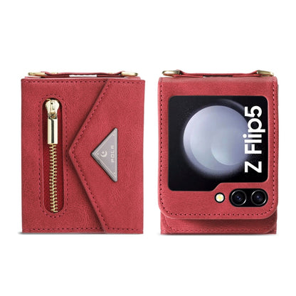 Pour Samsung Galaxy Z Flip5, étui portefeuille avec fermeture éclair et fentes pour cartes multiples, toucher agréable (rouge)