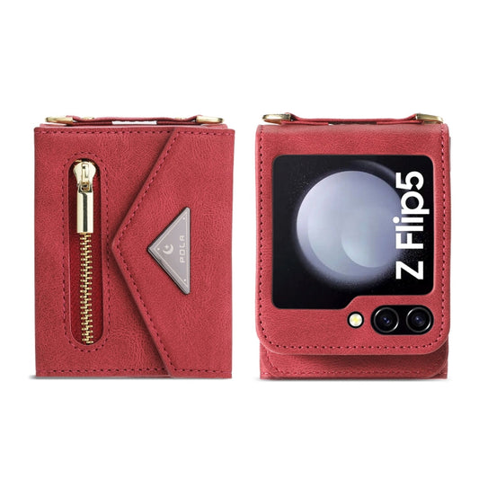 For Samsung Galaxy Z Flip5 POLA Skin Feel Multi-Card Slots Zipper Wallet Phone Case(Red)