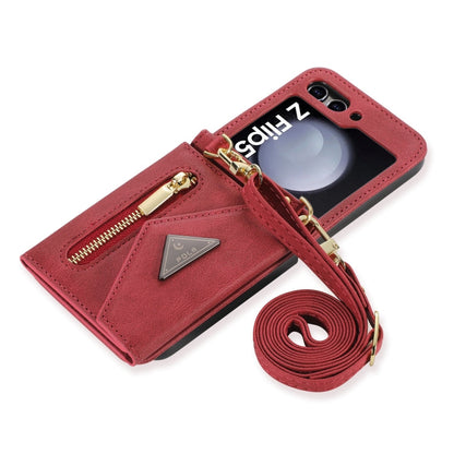 Pour Samsung Galaxy Z Flip5, étui portefeuille avec fermeture éclair et fentes pour cartes multiples, toucher agréable (rouge)
