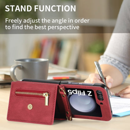 Pour Samsung Galaxy Z Flip5, étui portefeuille avec fermeture éclair et fentes pour cartes multiples, toucher agréable (rouge)