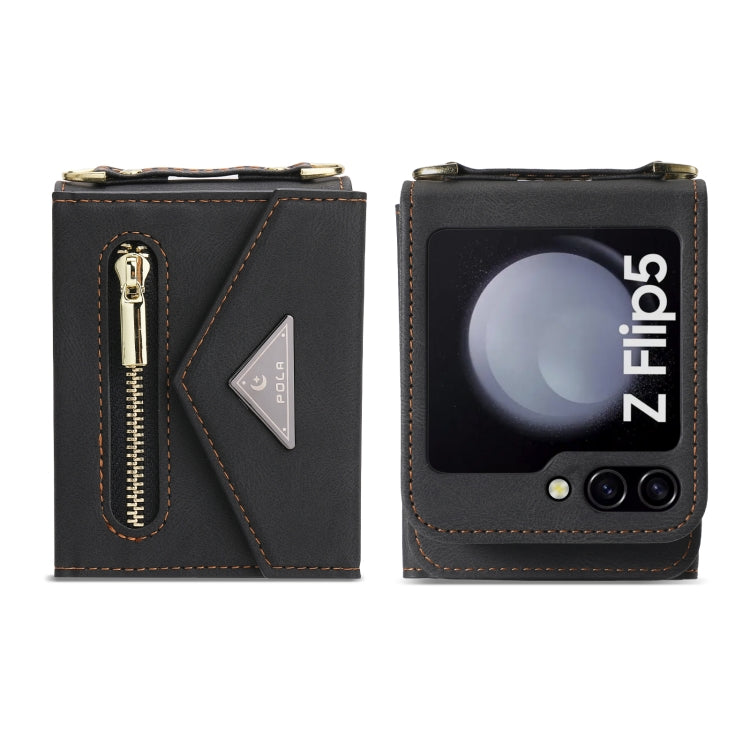 For Samsung Galaxy Z Flip5 POLA Skin Feel Multi-Card Slots Zipper Wallet Phone Case(Black)