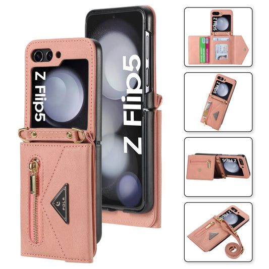 For Samsung Galaxy Z Flip5 POLA Skin Feel Multi-Card Slots Zipper Wallet Phone Case(Rose Gold)
