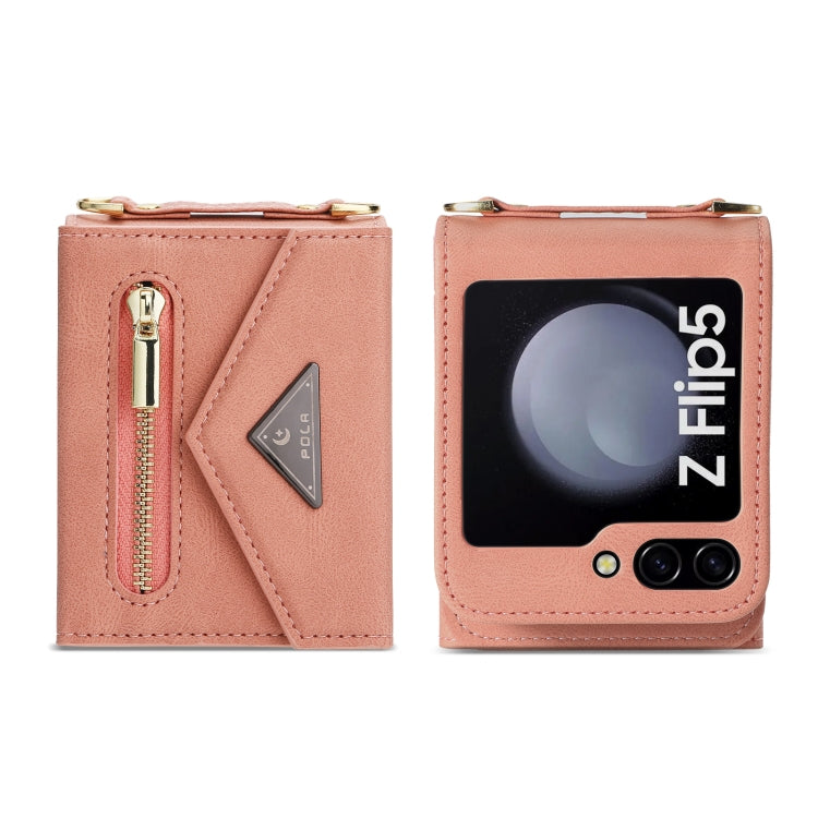 For Samsung Galaxy Z Flip5 POLA Skin Feel Multi-Card Slots Zipper Wallet Phone Case(Rose Gold)
