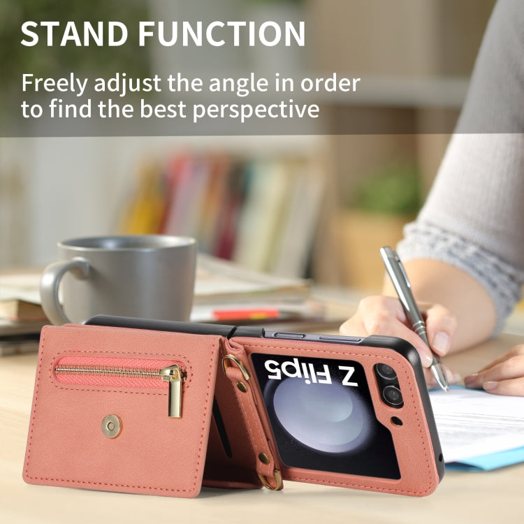 For Samsung Galaxy Z Flip5 POLA Skin Feel Multi-Card Slots Zipper Wallet Phone Case(Rose Gold)