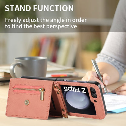 For Samsung Galaxy Z Flip5 POLA Skin Feel Multi-Card Slots Zipper Wallet Phone Case(Rose Gold)