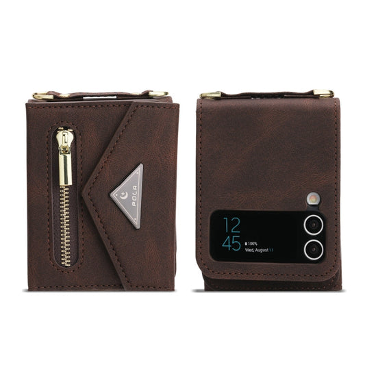 For Samsung Galaxy Z Flip4 POLA Skin Feel Multi-Card Slots Zipper Wallet Phone Case(Brown)