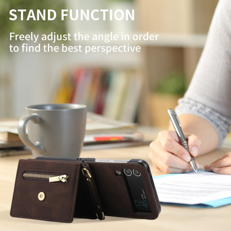 For Samsung Galaxy Z Flip4 POLA Skin Feel Multi-Card Slots Zipper Wallet Phone Case(Brown)